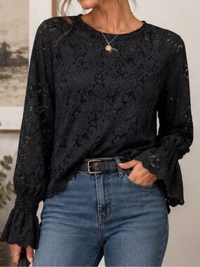 Pointelle Black Lace Bell Sleeve Top Medium Boho Romantic Sheer Knit